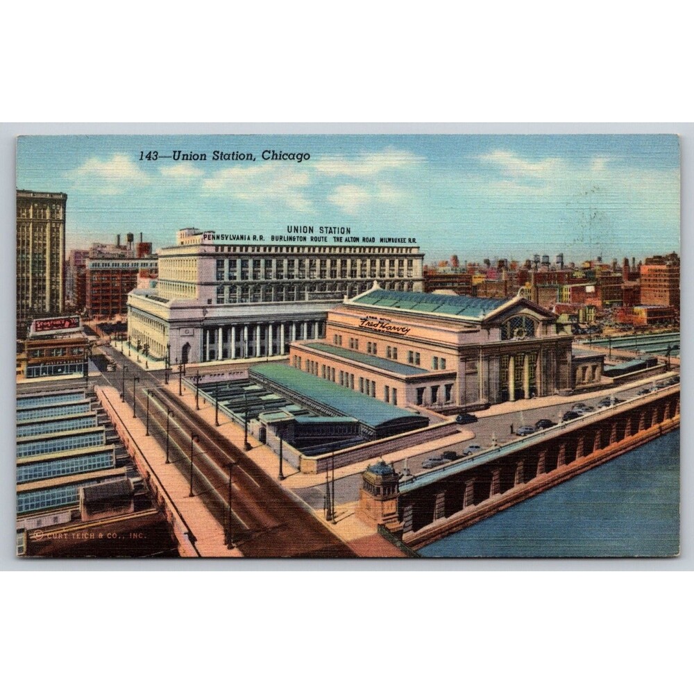 Vintage 1941 Chicago Union Station Linen Postcard Curt Teich Fred Harvey IL